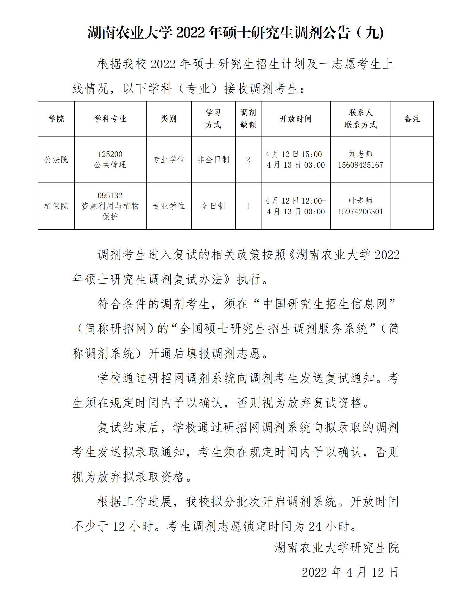 2022年湖南农业大学MPA调剂公告